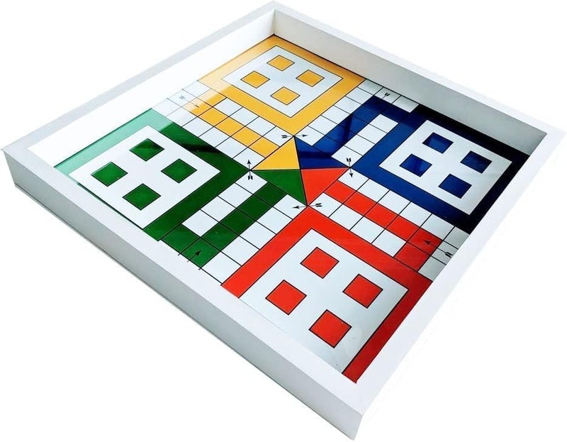 Handmade Real Glass Top Game Board with Chess, Checkers, Backgammon, Ludo (Caribbean & Indian), Chausar, Pachisi, Tic-Tac-Toe, Snakes and Ladders, and a Drinking Dice Board Game. - Image 1